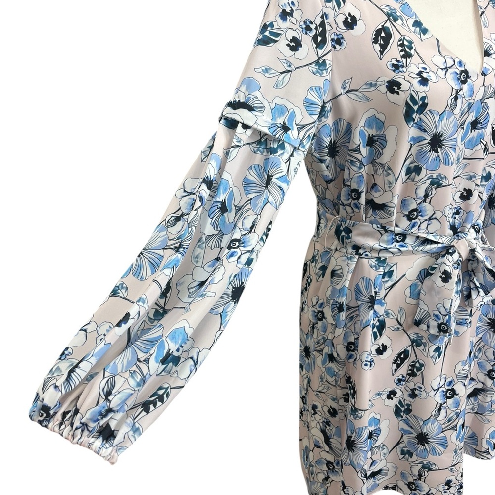 Parker Blush Blue Floral Tie Waist Mini Dress Long Sleeve Size S - Picture 6 of 9
